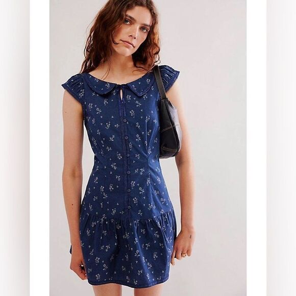 NWOT Free People Beasley Floral Drop Waist Babydoll Mini Dress Navy Combo Sz XL - Picture 1 of 15